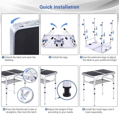 Sportneer Folding Table: Adjustable Height Camping Essentials 23.6" L x 15.7" W 3 Height with Mesh Layer - Compact & Portable Small Folding Table for Outdoor Camp Garden Picnic BBQ Dining Cooking