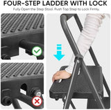 TICONN 4 Step Ladder, Heavy Duty Foldable Step Stool, Portable Steel Folding Stool for Household Garage Storage (Black)