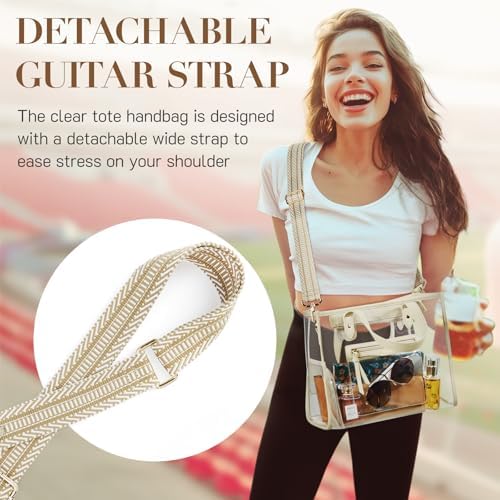 Missnine Clear Tote Bag for Women Thick PVC Clear Bag for Stadium Events with Guitar Strap Transparent for Concert Beach