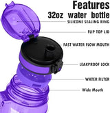 OLDLEY Water Bottle, 32oz Motivational Sports Water Bottle with Time Marker - Times to Drink - Tritan, BPA Free, Wide Mouth Leakproof, Deep Purple (1 Bottle)