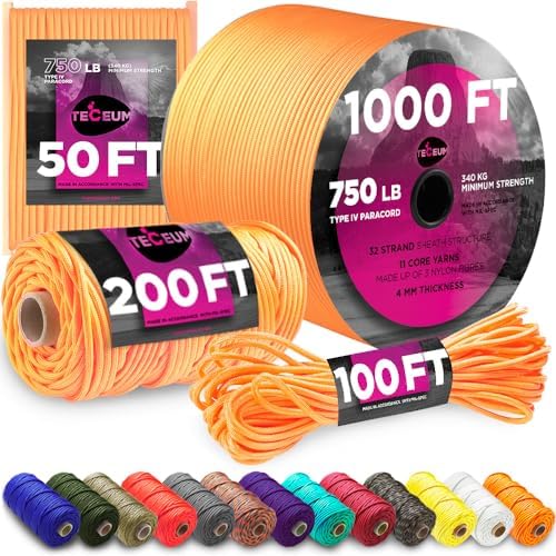 TECEUM 5/32" Paracord Rope 1000 – 1000ft / 200ft / 100ft / 50ft – Tactical Parachute Cord 4mm – 45+ Colors – Nylon String for Survival & Camping Gear – Stripe Cord for Survival – Utility Rope