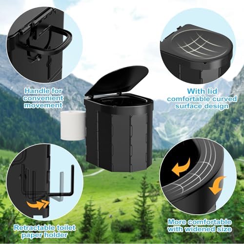 Portable Camping Toilet, Folding Toilet for Adults with Lid and Retractable Toilet Paper Holder, Waterproof Porta Potty with Carry Bag and Disposible Liners for Camping, Hiking, RV Travel