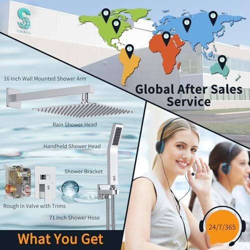 SR SUN RISE SRSH-F5043 Bathroom Luxury Rain Mixer Combo Set Wall Mounted Rainfall Shower Head System Polished Chrome, (Contain Faucet Rough-in Valve Body and Trim)