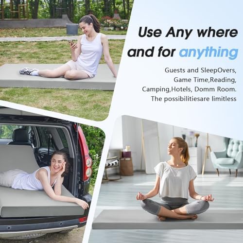 CYMULA Memory Foam Camping Mattress Pad,3inch Sleeping Pad for Camping,Non-Slip Bottom Floor Cot Mattress Bed with Retaining Portable Roll up Mattress Pad Mat for Travel Truck Guest Bed Tent