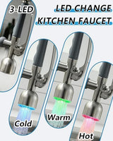 Fapully Commercial Single Handle Pull Down Sprayer Brushed Nickel Kitchen Faucet, Kitchen Sink Faucet with LED Light