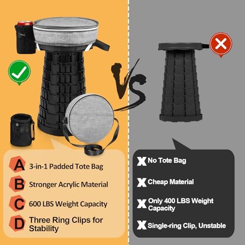 Collapsible Stool - Upgraded with 3 Slides Load Capacity 600lbs, Folding Camping Stool with 3-in-1 Carry Bag, Lightweight Sturdy Retractable Suitable for Camping Fishing Hiking BBQ (Black)