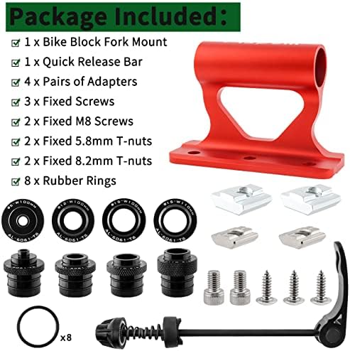 MUQZI Quick Release Fork Mount, Bike Car Roof Mount Rack Road Bicycle Fork Block Thru Axle Wheel Holder, Truck Bed Fork Mount with Installation Adapters MTB Tire Holder Rack Mount, Red