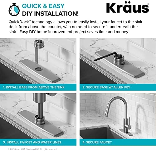 KRAUS Oletto Single Handle Pull Down Kitchen Faucet with QuickDock Top Mount Installation Assembly in Spot-Free Brushed Brass, KPF-2620BB