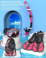Snorkeling Gear for Adults Men Women,4 in 1 Snorkel Set with Panoramic View Diving Mask Anti-Fog Anti-Leak,Dry Top Snorkel,Fins and Travel Bag for Swimming,Snorkeling and Travel Diving