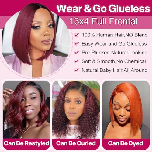 HIRIREMY Ombre 99J Burgundy Lace Front Bob Wigs Human Hair 13x4 HD Lace Frontal Wigs Glueless Short Straight Bob Wigs for Black Women Human Hair Pre Plucked Natural Hairline 1B/99J 12 Inch