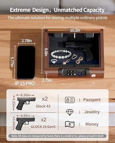 Gun Safe,Biometric Gun Safe for Pistols 3-Ways unlock Fingerprint Digital PIN Key Unlock with Voice, Lock box for Cloakroom living room Bedroom Nightstand and Car BILLCONCH - Antique Bronze