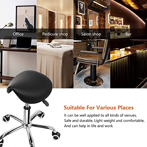 KKTONER Rolling Saddle Stool PU Leather Swivel Adjustable Rolling Stool with Wheels Salon Chair Black