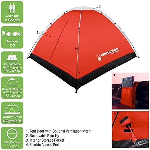 2 Person Camping Tent with Rain Fly and Carrying Bag - Water-Resistant Outdoor Tent for Backpacking, Hiking, or Festivals by Wakeman Outdoors