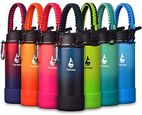 Farsea Insulated Water Bottle With Paracord Handle, Protective Silicone Boot and 2 Lids (Straw Lid & Spout Lid), Stainless Steel Water Bottle Wide Mouth, Double Wall Sweat-Proof BPA-Free, 18 oz