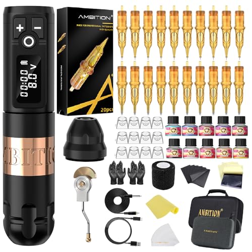 Ambition Soldier Tattoo Machine Kit Complete Rotary Wireless Tattoo Pen Gun Kit with 20pcs Glory Tattoo Cartridge Needles Practice Skin Supplies for Beginners & Professional Artists, Gold