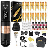 Ambition Soldier Tattoo Machine Kit Complete Rotary Wireless Tattoo Pen Gun Kit with 20pcs Glory Tattoo Cartridge Needles Practice Skin Supplies for Beginners & Professional Artists, Gold