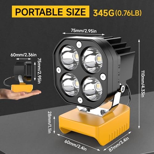 LED Work Light Compatible with Dewalt 20V Battery, 40W 6000LM Flashlight, 20V Battery Cordless Work Light 120°Adjustable with Low Voltage Protection for Outdoors and Job Site Lighting