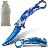 Pocket Knife for Men, Cool Folding Knife With 3D Blue Dragon Relief, Great Gift Edc Knife For Men Outdoor Survival Camping Hiking