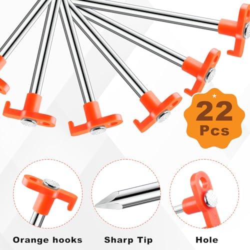 CHERAINTI Tent Stakes, 22 Pcs Heavy Duty Metal Stakes for Ground with Storage Bag, 9.84 Inch Galvanized Non-Rust Camping Tent Pegs Ground Spikes for Camping Tarp Garden Hiking, Orange