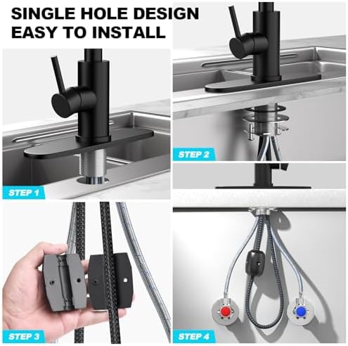 Matte Black Single Hole Kitchen Faucets with Pull Down Sprayer, Single Handle, High Flow Water, Pull Out Tap, Stainless Steel Sink Faucet, Suitable for Farmhouse Camper Laundry Rv Bar