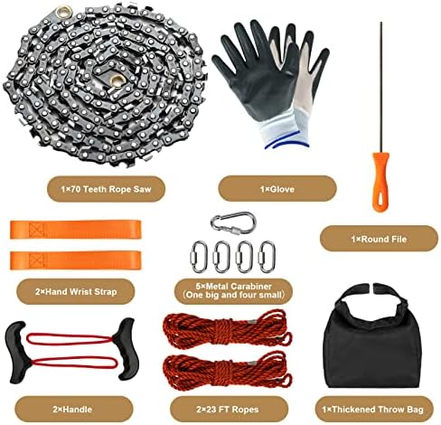 Rope Saw for Tree Limbs, 55 Inch Chain Saw with 70 Sharp Teeth & 46 Feet Ropes Kit, High Limb Pocket Chainsaw