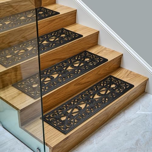 Ottomanson Indoor/Outdoor Hose-Wash Iron Wrought Design Non-Slip Rubber 10" x 30" Modern Stair Treads for Stairs, Garage, Patio, 5 Pack, Black Wrought
