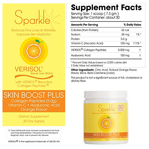 Sparkle Skin Boost Plus Verisol Collagen Peptides Protein Powder Vitamin C Orange Plus Supplement Drink, 8.1 oz