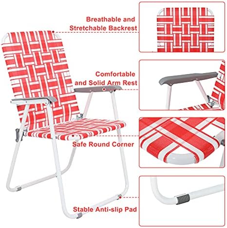 VINGLI Patio Lawn Webbed Folding Chairs Set of 2, Outdoor Beach Chair Portable Dining Chair for Yard, Garden (Red, Classic)
