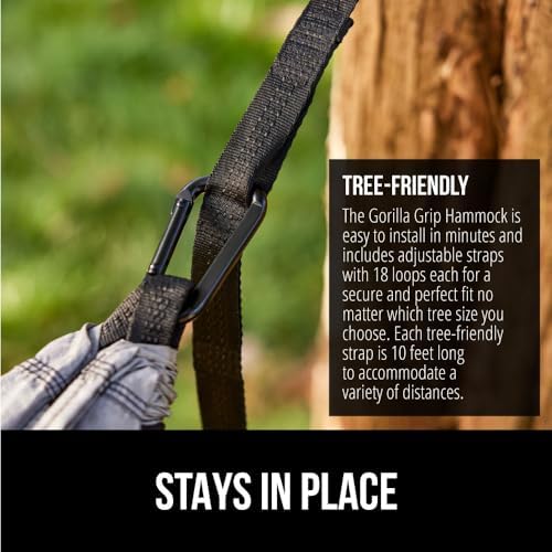 GORILLA GRIP Durable Portable Camping Hammock, Holds 500lbs with Heavy Duty Tree Straps, Comfortable Travel Swing, Camp Hammocks, Easy to Use and Install, Outdoor Essentials, Green, 10x6.5 FT