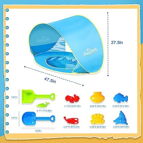 Monobeach Baby Beach Tent with Sand Toys Pop Up Portable Shade Pool UPF50+ UV Protection Sun Shelter for Infant with Easy Set Up Canopy (Blue with Sand Toys)