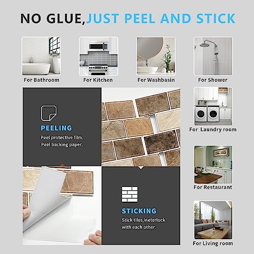 URCOLOR 10-Sheet Stick on Backsplash for Kitchen,12"x12" Peel and Stick Self Adhesive Wall Tiles Back Splashes for Bathroom Brown Marble Look