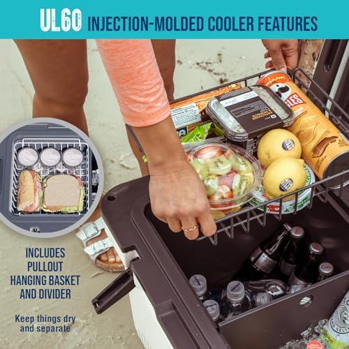 ENGEL 60 QT Ultra-Light Injection Molded Cooler - Ice Chest Keeps Ice up to 7 Days - Large Cooler Includes Wire Basket, Divider and Built-in Bottle Opener