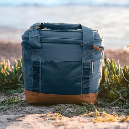 CleverMade Pacifica Collapsible Insulated Cooler Bag – 18 Can Leakproof Soft Folding Cooler for Beach, Travel, Car – Bottle Opener – Cool Gray/Cognac