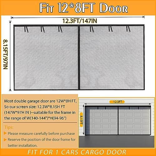 Garage Screen Doors for 1 car garage-12x8FT Fiberglass Durable Heavy Duty Magnetic Garage Door Screen Retractable Hands Free with 6 Roll Up Starps for Patio Workshop Home Gym Sun Room