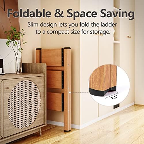 3 Step Ladder, Folding Step Stool with Anti-Slip Wide Sturdy Pedal and Handgrip, Multi-Use for Home and Kitchen Use, Space Saving-Woodgrain(300 lbs Capacity)