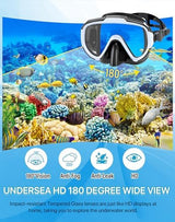 Snorkeling Gear for Adults Men Women,4 in 1 Snorkel Set with Panoramic View Diving Mask Anti-Fog Anti-Leak,Dry Top Snorkel,Fins and Travel Bag for Swimming,Snorkeling and Travel Diving