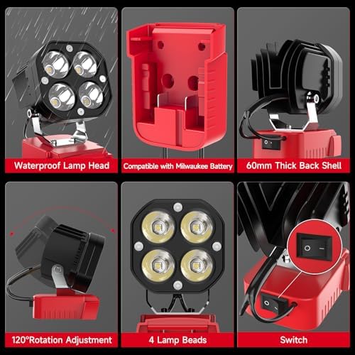 LED Work Light Compatible with Milwaukee 18V Battery, 40W 6000LM Flashlight, 18V Battery Cordless Work Light 120°Adjustable with Low Voltage Protection for Outdoors and Job Site Lighting