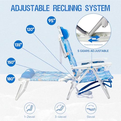 Reclining Beach Chair Backpack 5-Position Lay Flat Lounge Chair for Adults Heavy Duty Portable Folding Lightweight with Cooler Bag Camping Chair for Sand Outdoor
