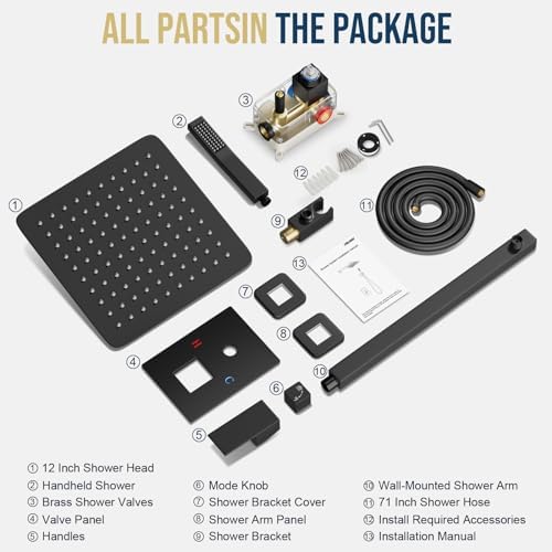 Black Shower Faucet Set, Rainfall Shower System with Square Shower Head and Handle Set, Wall Mounted Shower Fixtures, Full Metal Trim Repair Kit 12 inch Matte Black (With Shower Valve)