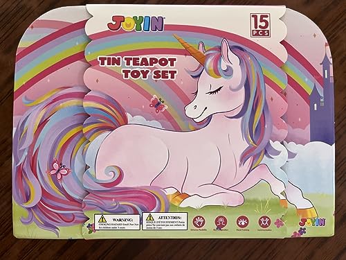 JOYIN Unicorn Tea Party Set for Little Girls, Pretend Pink Tin Teapot Set, Princess Tea Time Play Kitchen Toy with Teapot, Cup, Plate, Carrying Case for Kids Toddlers Age 3 4 5 6, Gift for Christmas