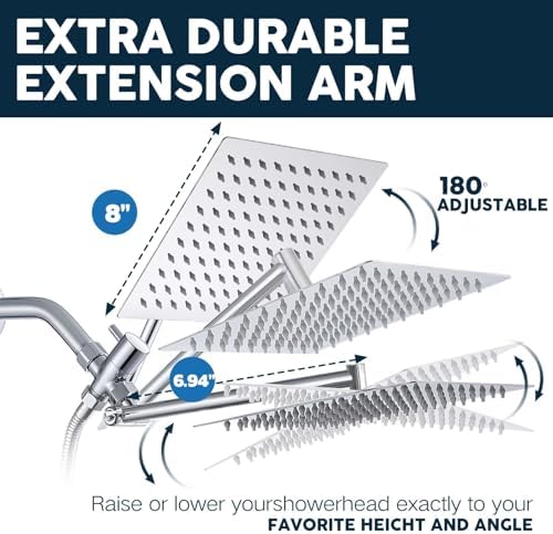 Shower Head,8”Rain Shower Head with Handheld Spray Combo with 11'' Angle Adjustable Extension Arm/Flow Regulator/Shower System,High Pressure Rainfall Shower Head Bathroom,Chrome