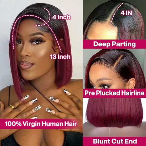 HIRIREMY Ombre 99J Burgundy Lace Front Bob Wigs Human Hair 13x4 HD Lace Frontal Wigs Glueless Short Straight Bob Wigs for Black Women Human Hair Pre Plucked Natural Hairline 1B/99J 12 Inch