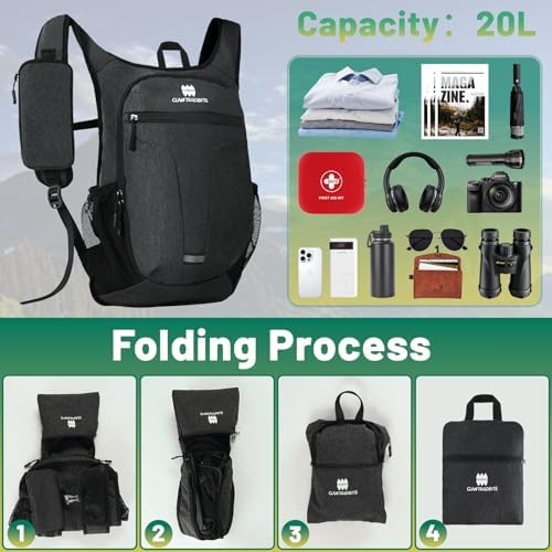 Lightweight Packable Backpack for Women Men - 20L Small Waterproof Foldable Daypack for Travel, Hiking, and Daily Use, Adjustable Chest Strap Multiple Pockets, Black