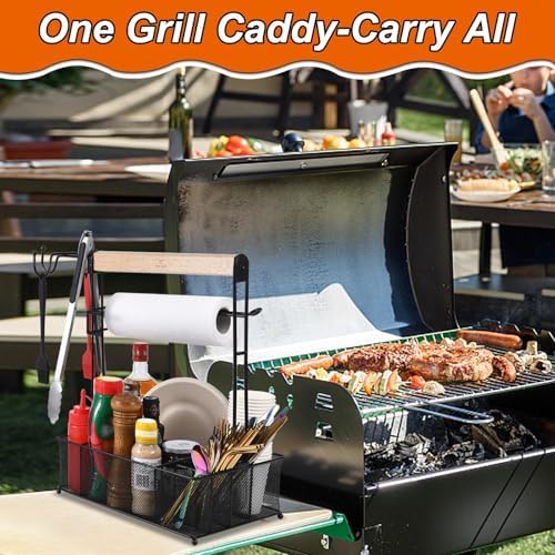 Grill Caddy, Picnic BBQ Organizer for Camping Outdoor Mesh Basket with 3 Hanging Hooks and Paper Towel Holder, Ideal Table Storage Tools for RV Camper/Tailgating/Flatware