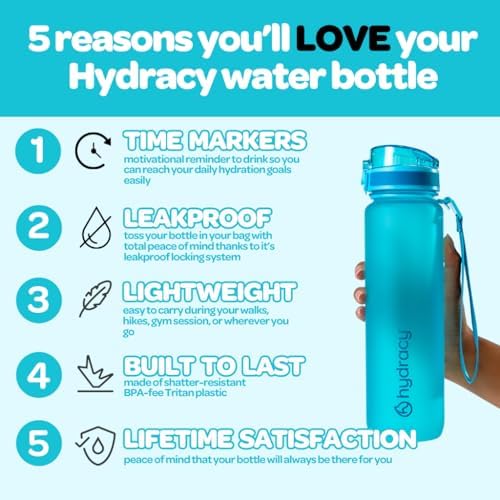 Hydracy Water Bottle with Time Marker -Large BPA Free Water Bottle & No Sweat Sleeve -Leak Proof Gym Bottle with Fruit Infuser Strainer & Times to Drink -Ideal for Fitness Sports & Outdoors