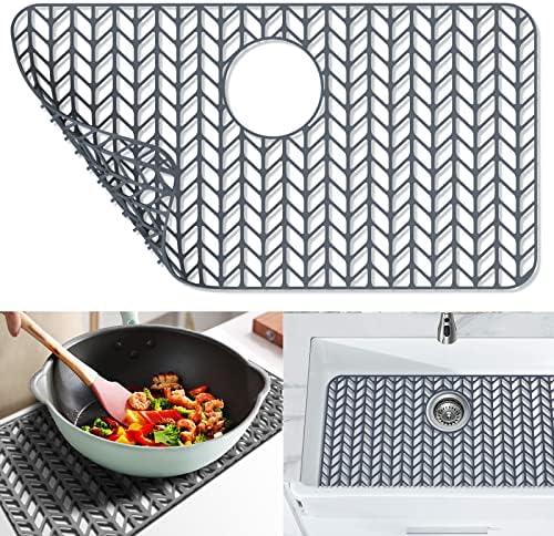 Sink Protectors for Kitchen Sink 16x12 & 18x12 & 19x13 & 24x12.5 & 26x14 & 28x14 & 29x15,Silicone Kitchen Sink mats Protector for Bottom of Farmhouse Sink(26"x14"Rear Drain Gray)