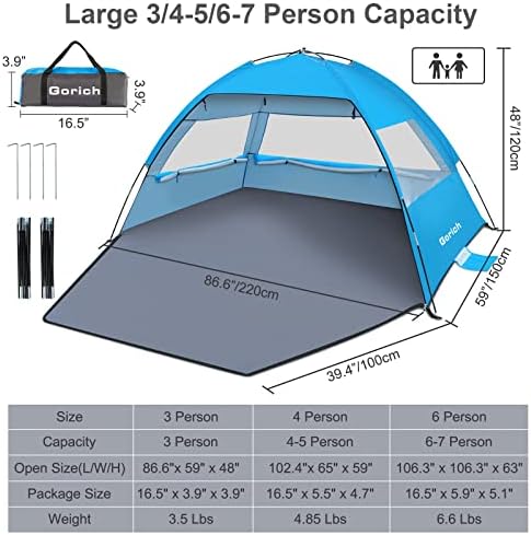 Gorich Beach Tent Sun Shelter for 3/4-5/6-7/8-10 Person with UPF 50＋ UV Protection, Lightweight & Easy Setup Beach Shade Canopy, Portable Beach Shade Tent Beach Cabana
