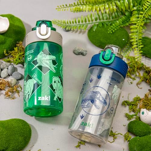 Zak Designs Jurassic World Dominion Movie Sage Kids Water Bottle For School or Travel, 16oz Durable Plastic Water Bottle With Straw, Handle, and Leak-Proof, Pop-Up Spout Cover, 2-Pack Set