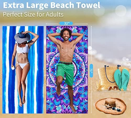 4 Pack Lightweight Thin Beach Towel Oversized 71"x32" Big Extra Large Microfiber Sand Free Towels for Adult Quick Dry Travel Camping Beach Accessories Gift Coconut Tree Sea Turtle Stripe Mandala