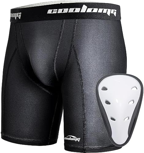 COOLOMG Youth Boys Compression Shorts with Protective Cup Sliding Underwear for Baseball Football Lacrosse Hockey